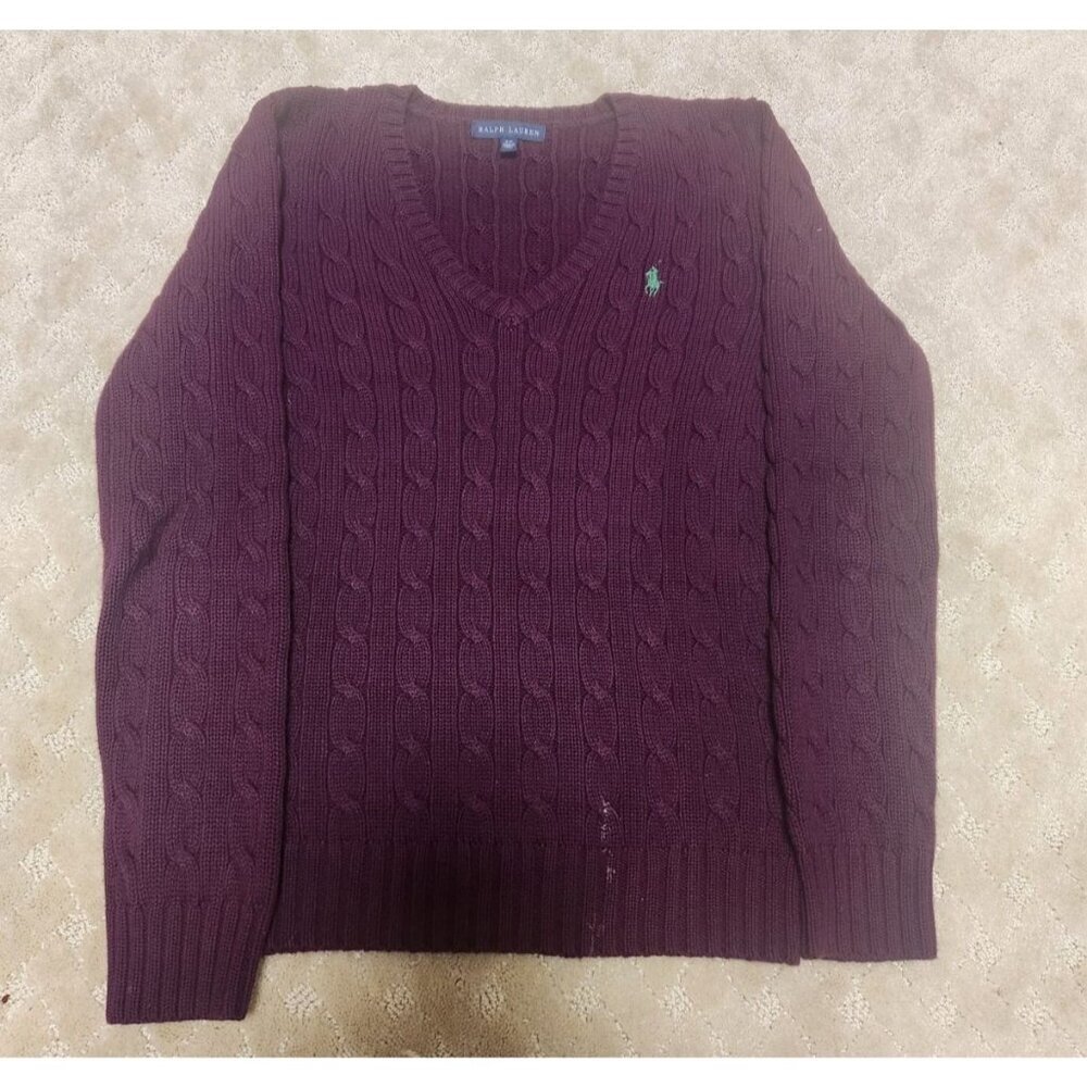 Ralph Lauren Sweater Women Small Purple Cable Knit V-Neck Cotton Pony Logo